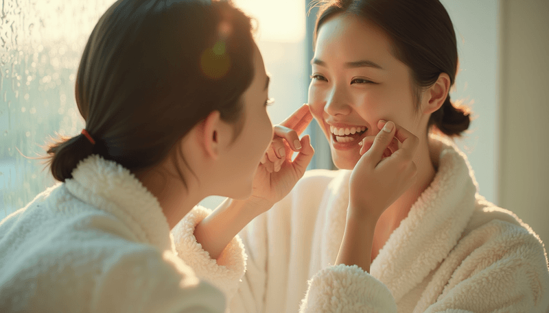 Woman examining her teeth in mirror with natural sunlight streaming through window