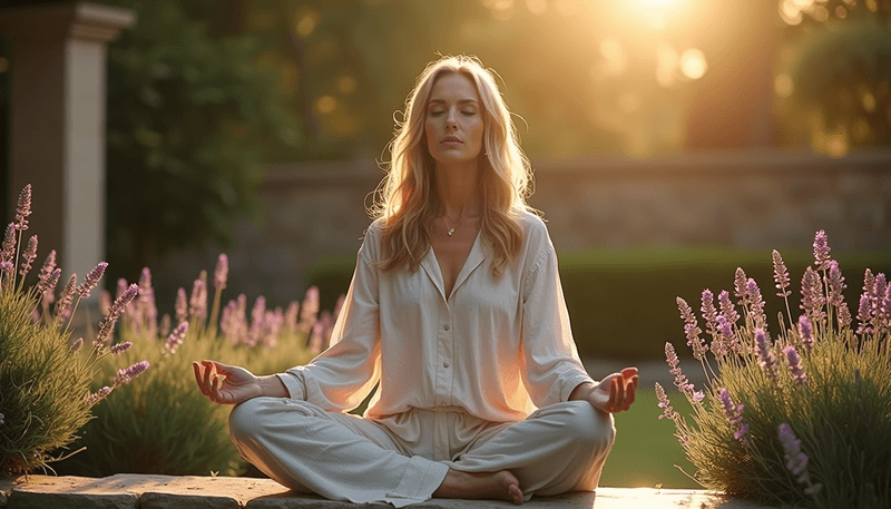 A woman practicing mindful meditation in a peaceful garden setting