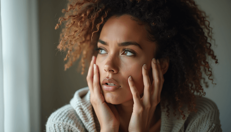 Young woman looking worried while holding clumps of fallen hair