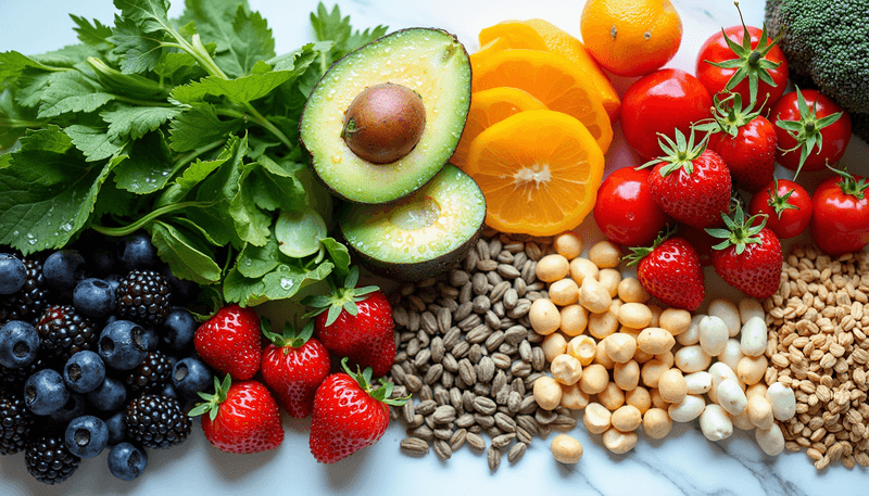 Colorful array of fiber-rich fruits and vegetables