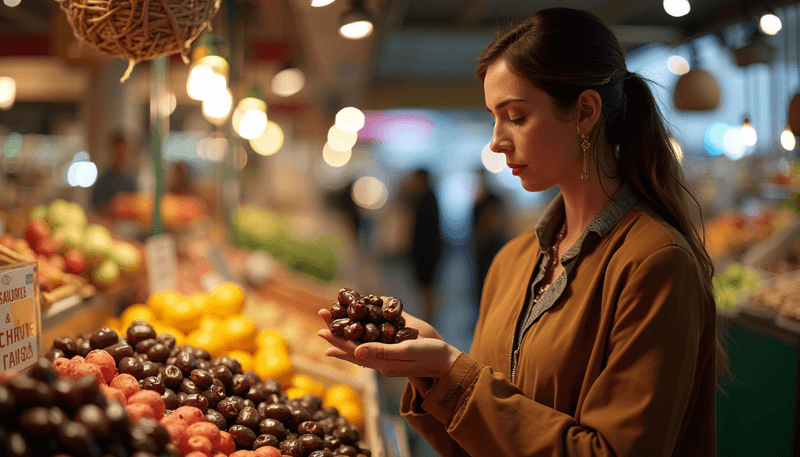 Woman selecting quality dates at a market