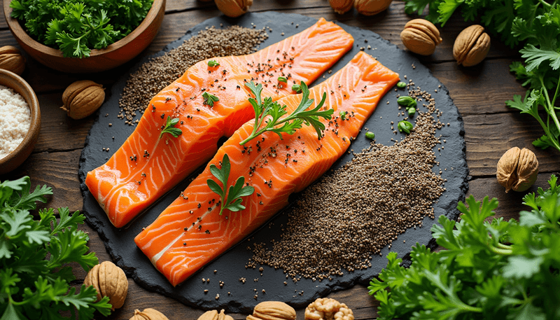 Various omega-3 rich foods arranged on wooden table