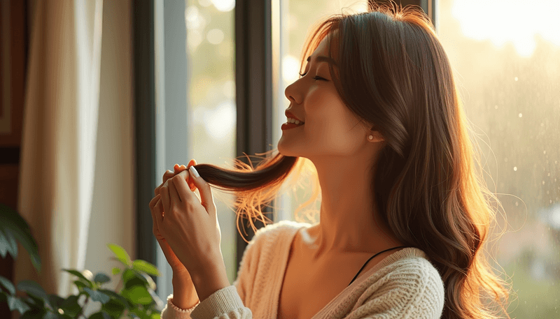 A woman examining her thick, healthy hair in natural sunlight