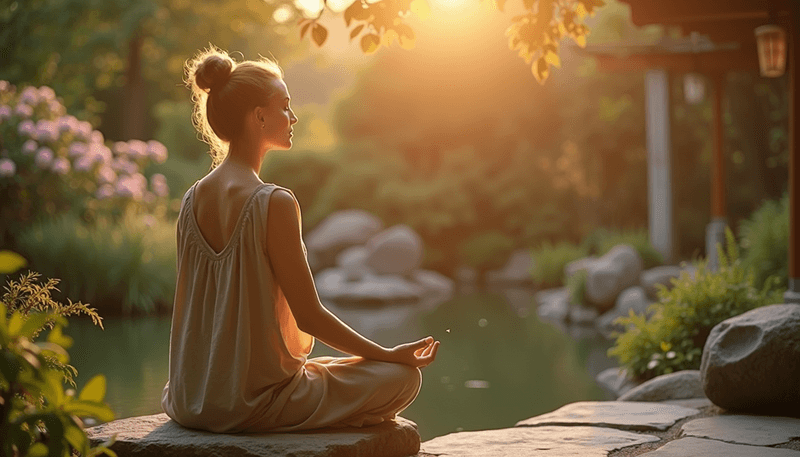 Woman meditating in a peaceful garden setting