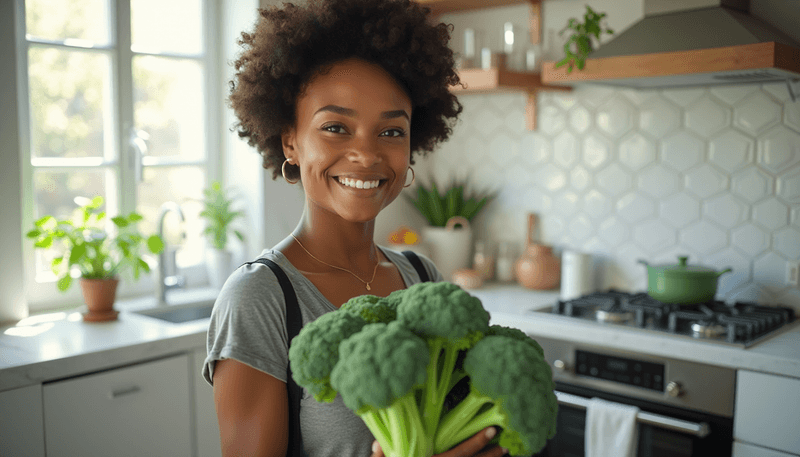 A woman holding fresh broccoli while smiling in a bright kitchen