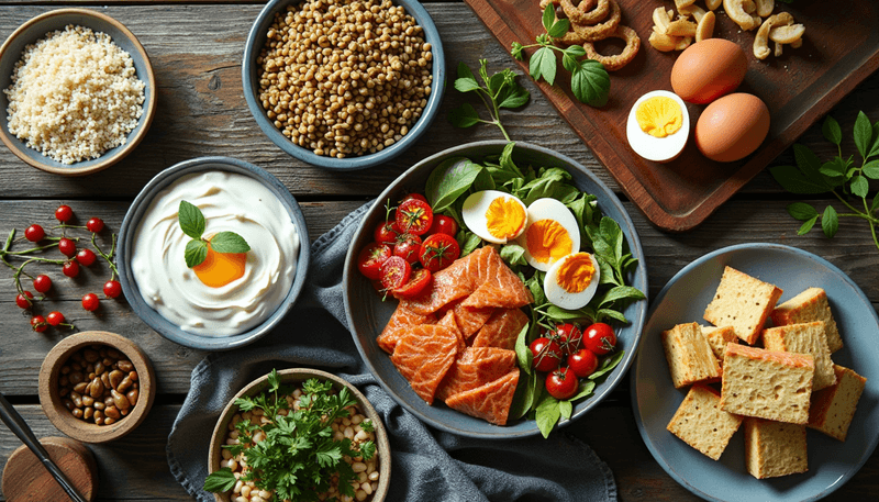 Various protein-rich foods arranged on a wooden table