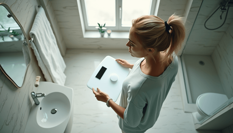 A woman looking frustrated at scale showing weight gain