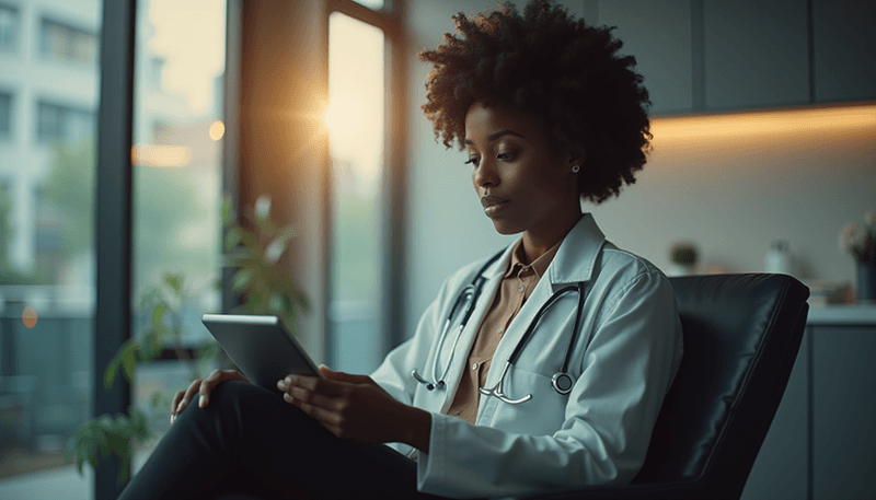 Woman reading health information on tablet