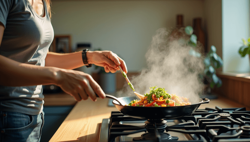 Woman preparing tofu and vegetables