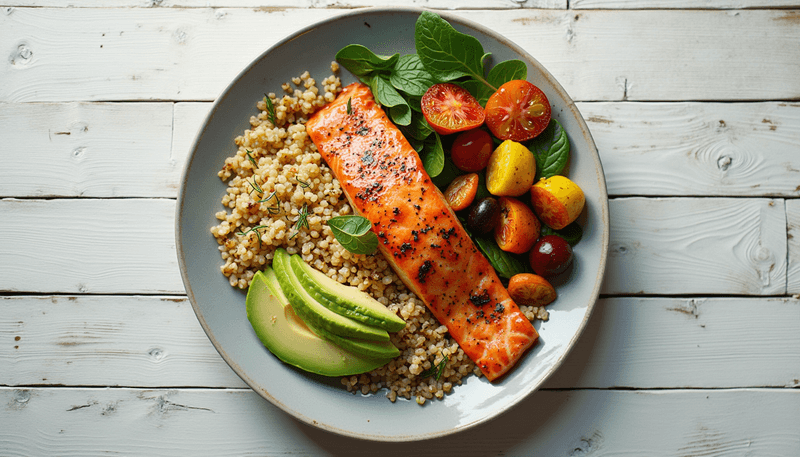 A balanced meal plate with colorful vegetables, lean protein, and whole grains