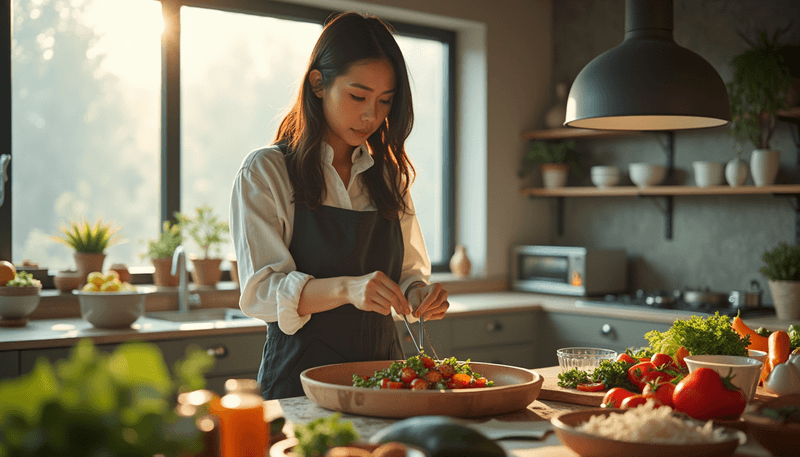 Woman preparing traditional Asian soy-based meal