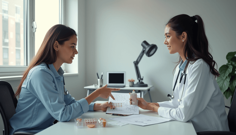 Woman comparing hormone therapy patches and pills while consulting with doctor