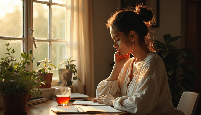 Woman writing in health journal with cup of tea