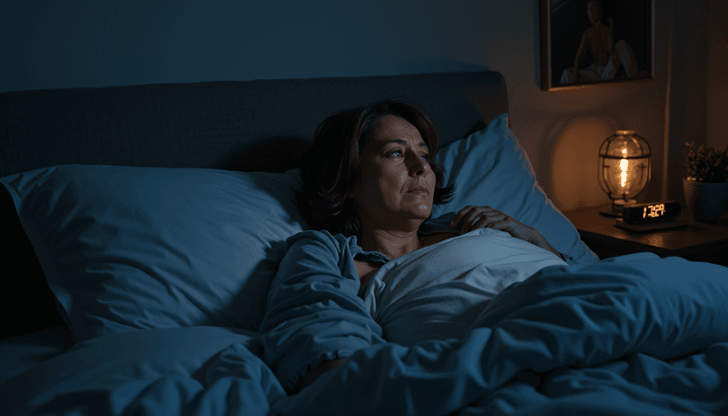 Woman lying awake at night looking frustrated while checking time on phone