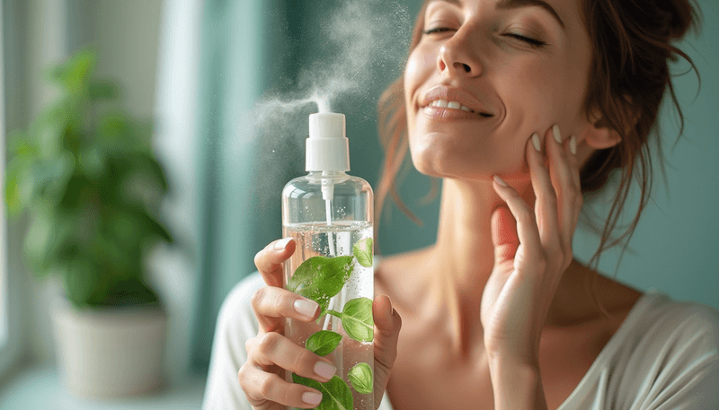 Woman spritzing face with basil-infused water