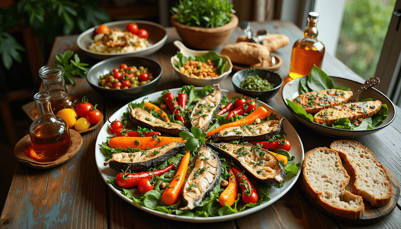 A colorful Mediterranean meal spread with olive oil, vegetables, and whole grains