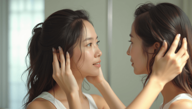 Woman examining her scalp in mirror with visible hair thinning