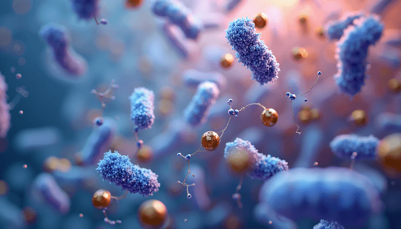 Illustration of gut bacteria interacting with hormone molecules