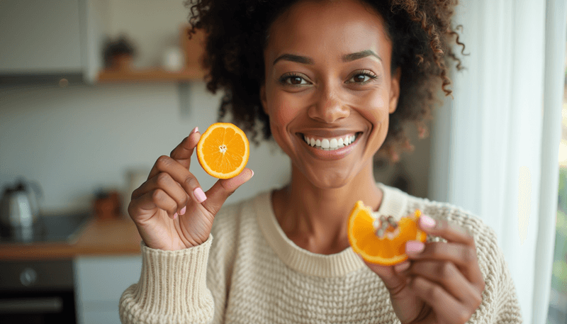 A woman holding a sliced orange next to supplement capsules