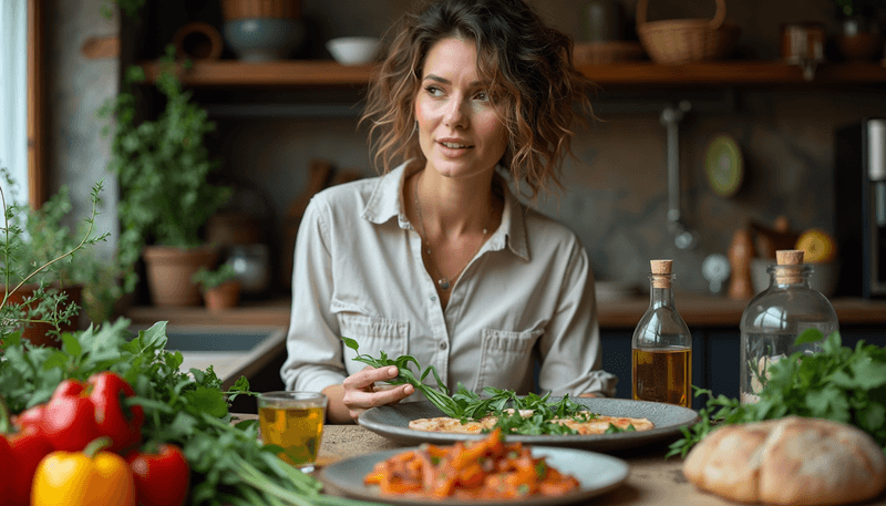 Woman looking thoughtfully at fresh Mediterranean diet ingredients