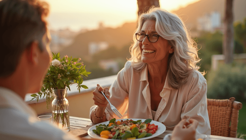 Happy middle-aged woman enjoying Mediterranean meal