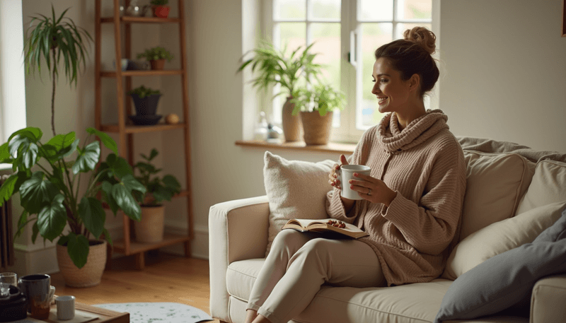 Woman enjoying dates with her morning tea while reading