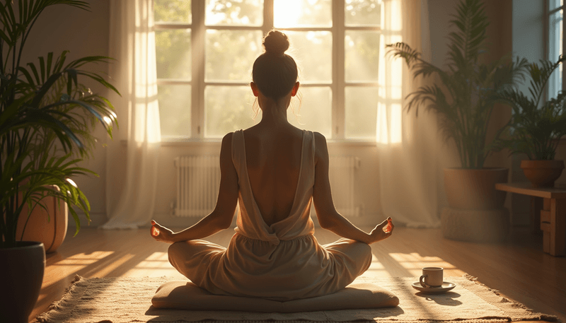 Woman practicing mindful morning routine with tea