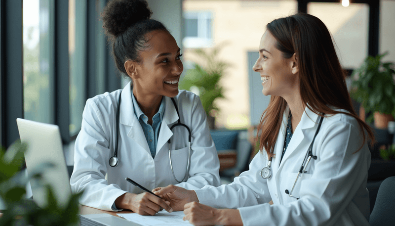 Woman discussing research with doctor