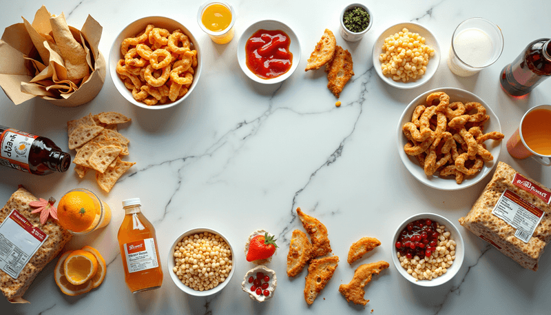 Common ultra processed foods arranged on table