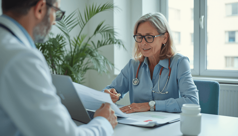 Woman taking fish oil supplements while reviewing medical reports