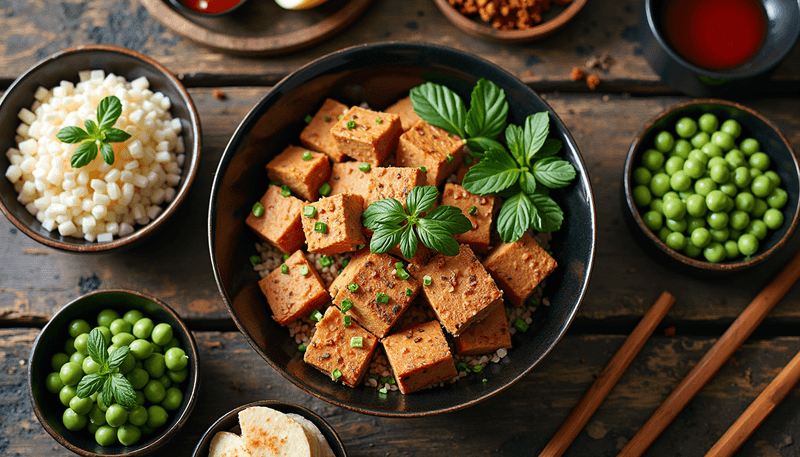 Various traditional soy foods arranged on table