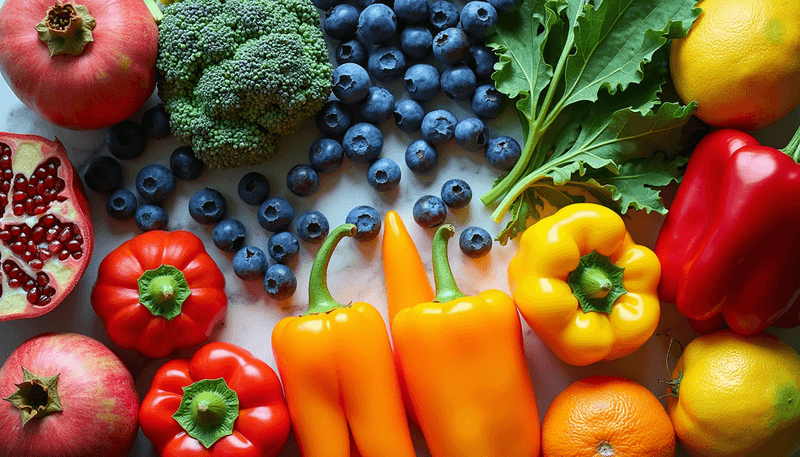 A diverse array of colorful fruits and vegetables rich in antioxidants