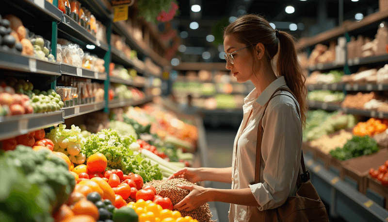 A woman choosing various fiber-rich foods at a grocery store