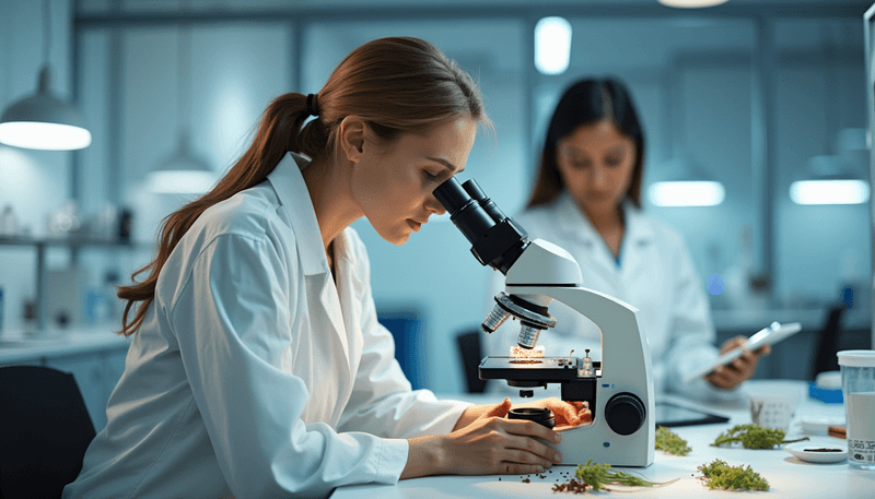 Scientists examining herbal extracts in modern laboratory setting