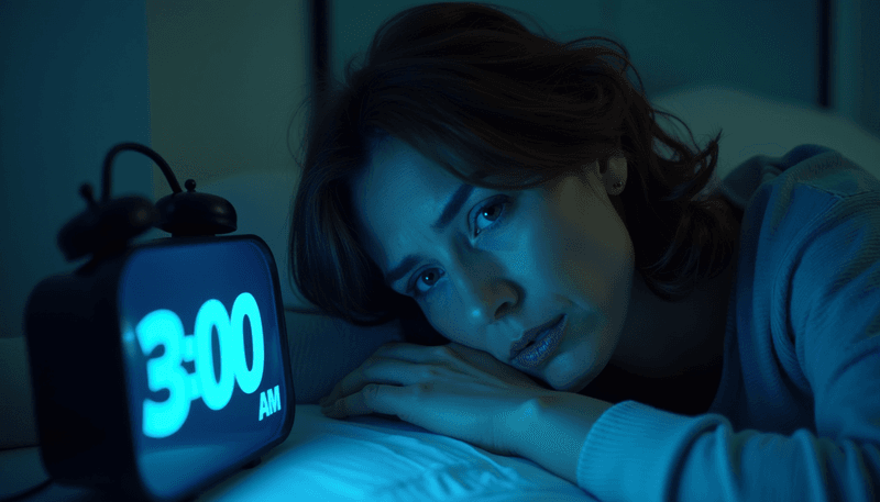 Woman looking frustrated at bedside clock showing 3am