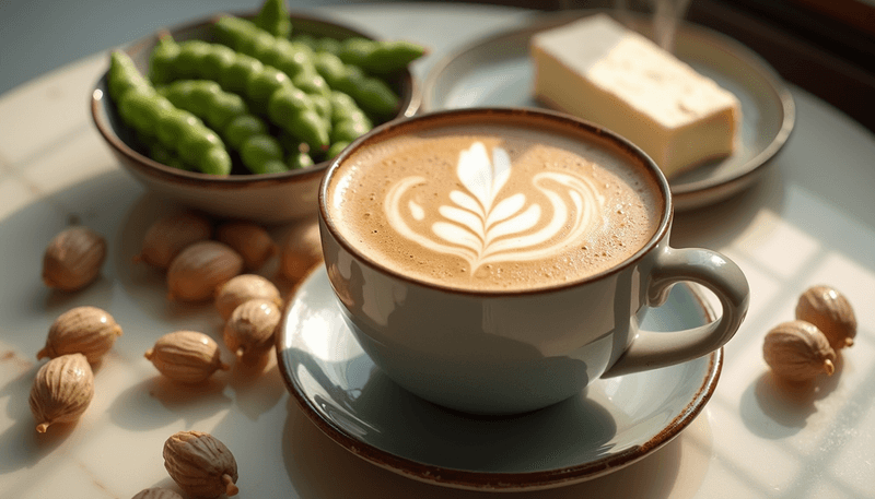 A steaming cup of soy latte next to soybeans and traditional Asian soy foods