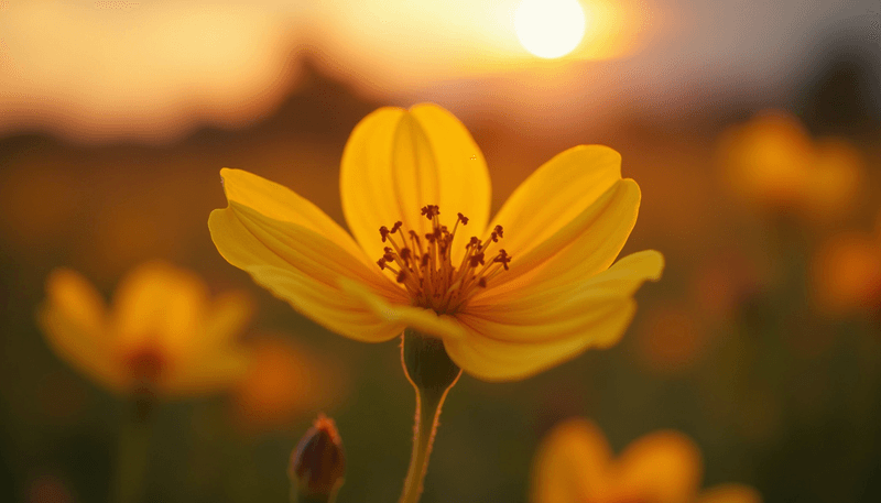 Evening primrose flowers blooming at sunset with soft golden light