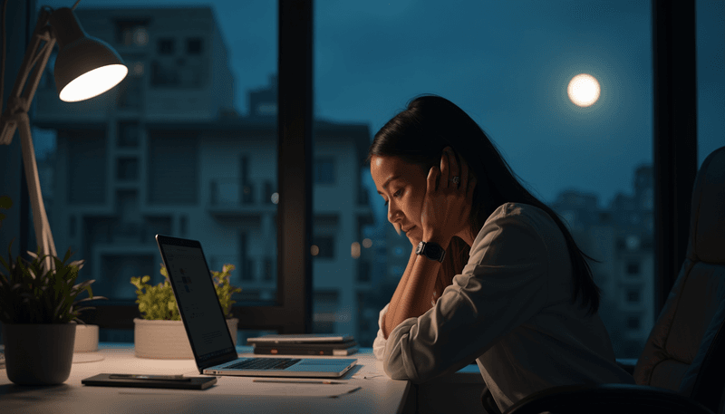 Woman looking tired while working at desk with visible moon through window