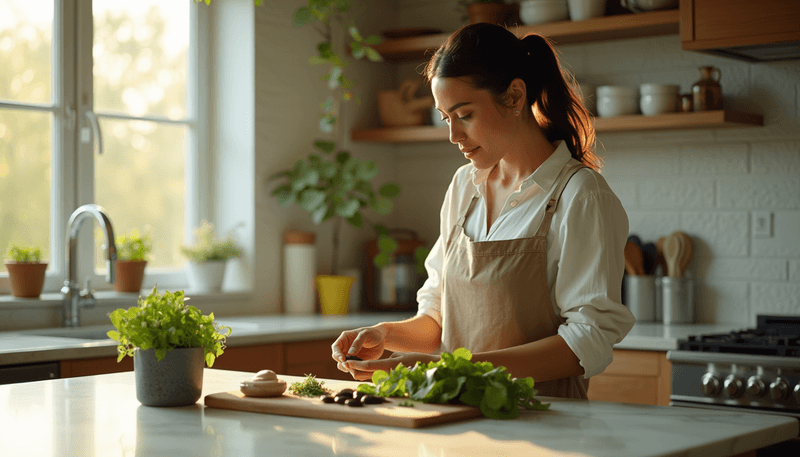 Woman holding various herbal remedies in kitchen setting