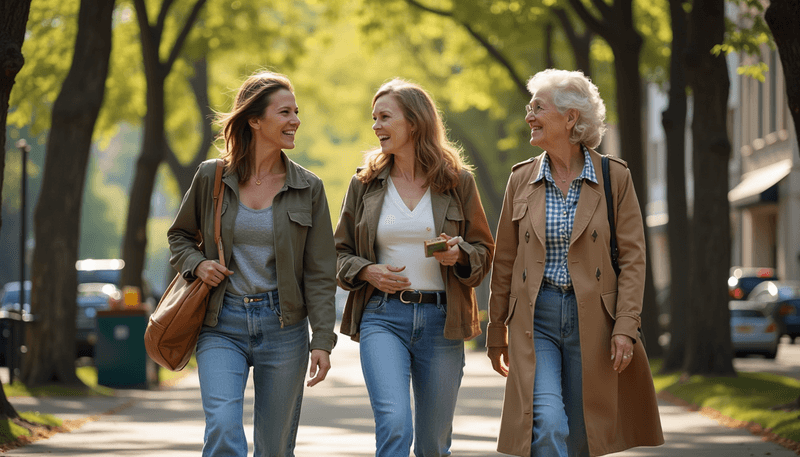 Women of different ages walking together, representing life transitions