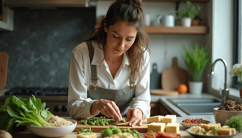 Woman examining different types of soy products in kitchen