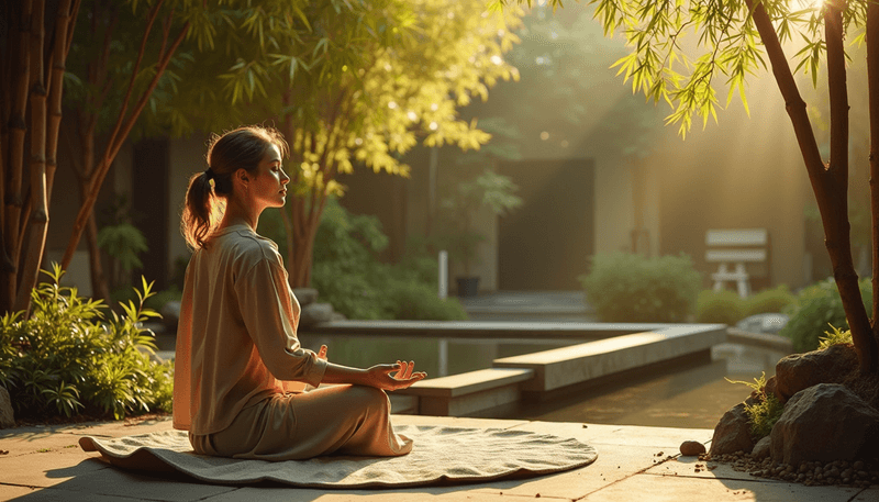 A woman practicing mindfulness meditation in a peaceful garden setting