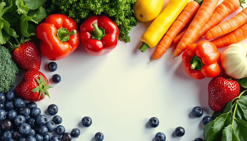 Various colored fruits and vegetables arranged in rainbow pattern