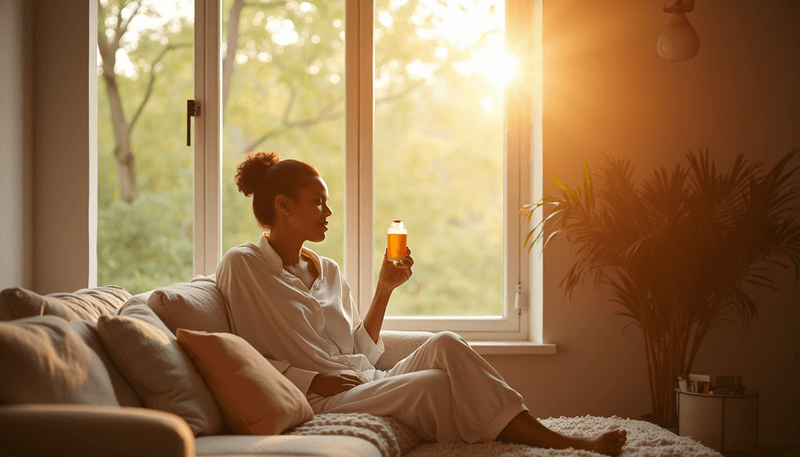 Woman basking in morning sunlight through window while holding vitamin D supplement