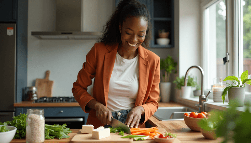 Woman preparing healthy soy-based meal