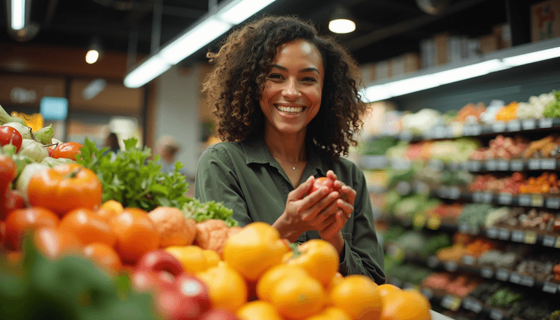 Woman choosing healthy foods at grocery store