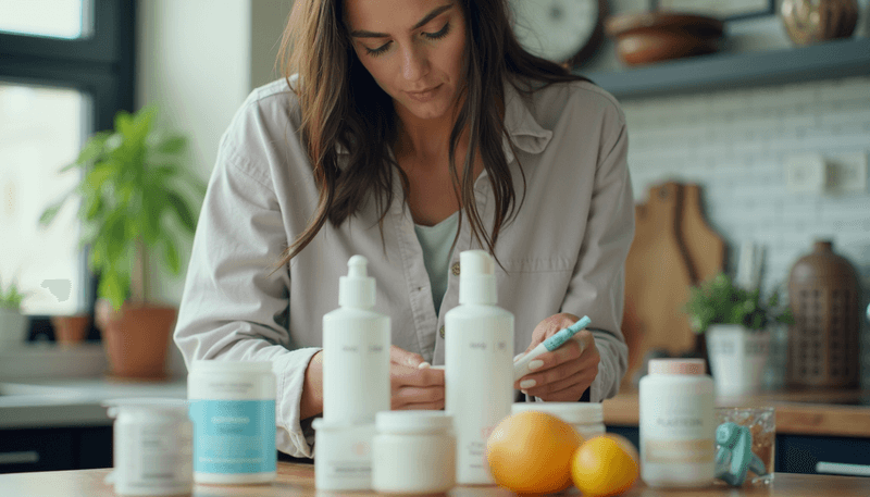 Woman examining various plastic containers and personal care products with concerned expression