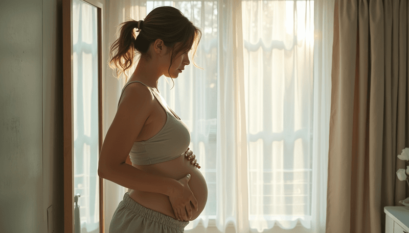 Woman looking at severe bloating in mirror with concerned expression