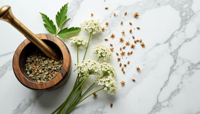 Traditional herbs chicory and fumitory displayed with mortar and pestle