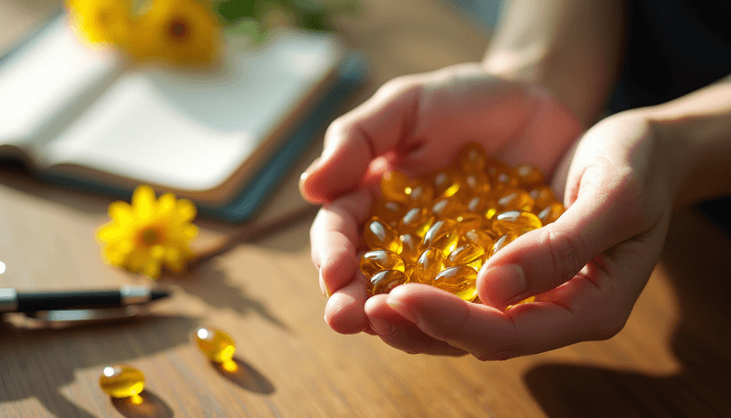 Woman holding evening primrose oil capsules